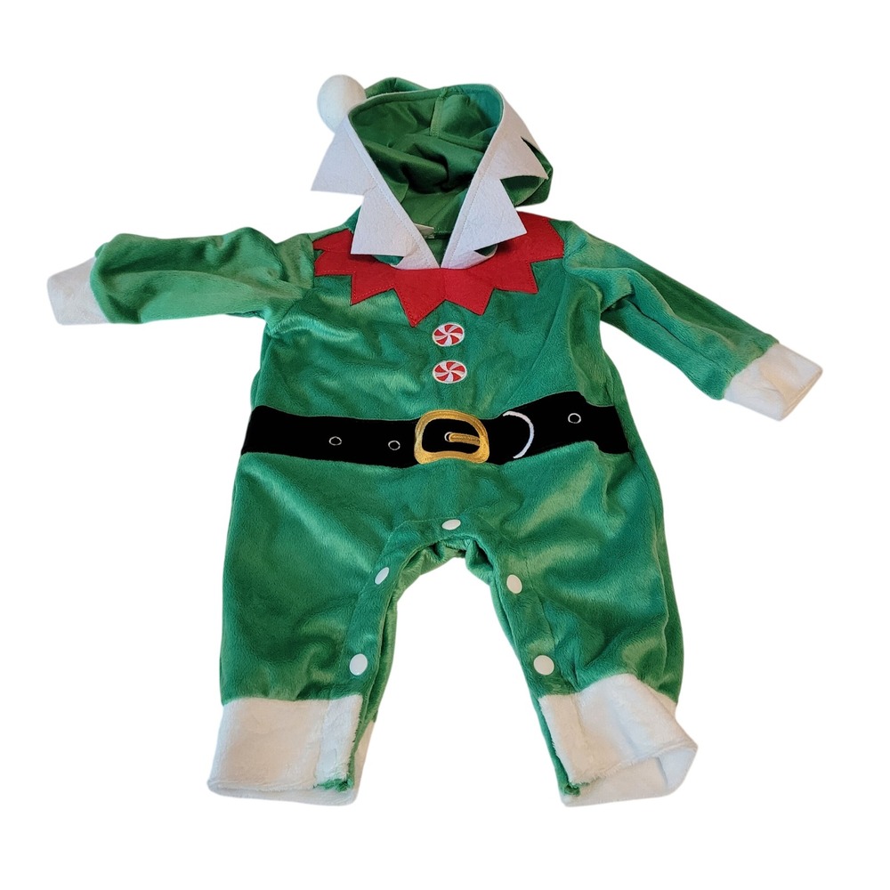 Unbranded Elf Christmas Jumpsuit Baby Unisex 0-3M Green Plush Hooded Holiday